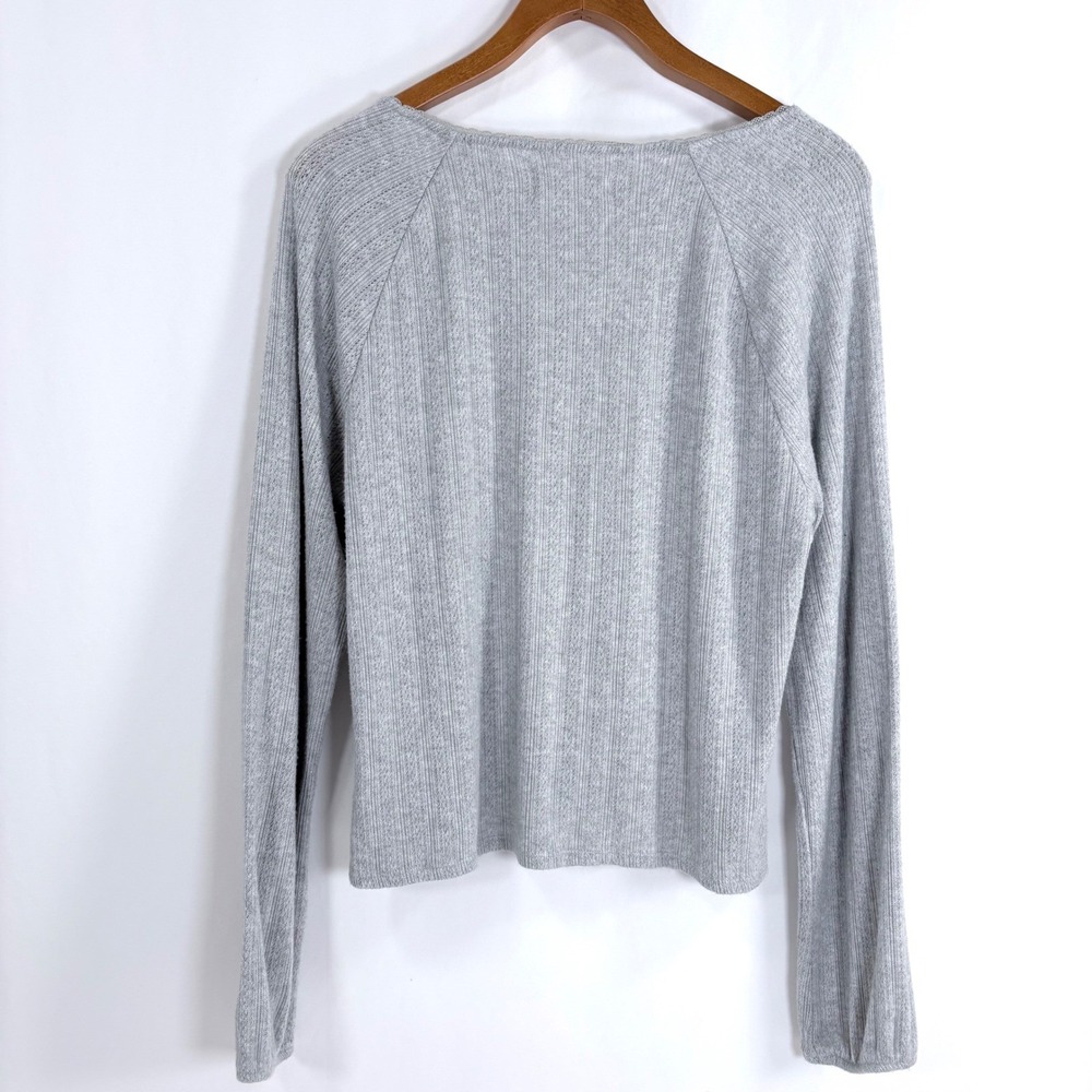 Lucky Brand Gray Ribbed Square Neck Button Front Long Sleeve Cropped Sweater XL - Picture 3 of 8